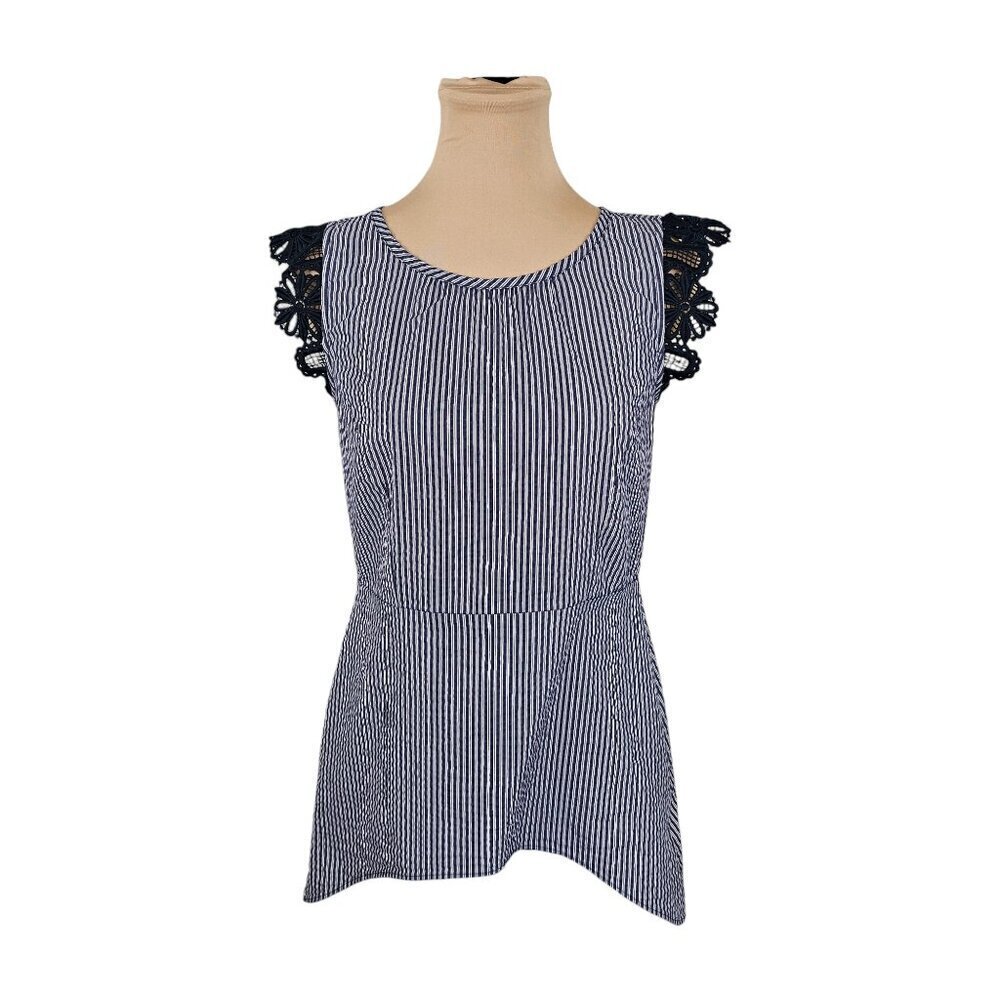 Cabi Navy Blue and White Striped Blouse With Frilly Lace Flutter Shoulders Sz XS